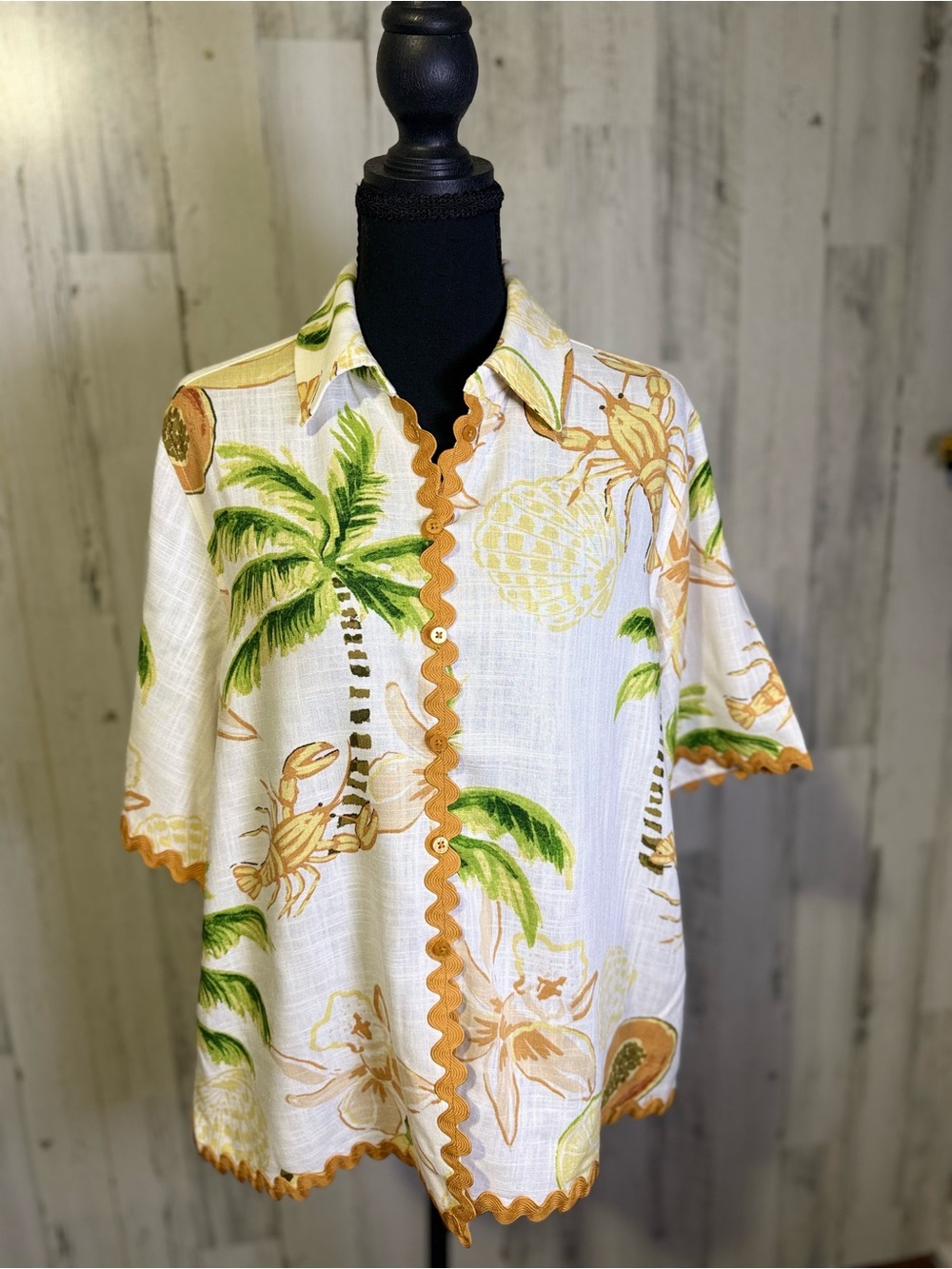 Calypso St. Barth Tropical Print Linen Blend Scallop Trim Button Down Shirt M